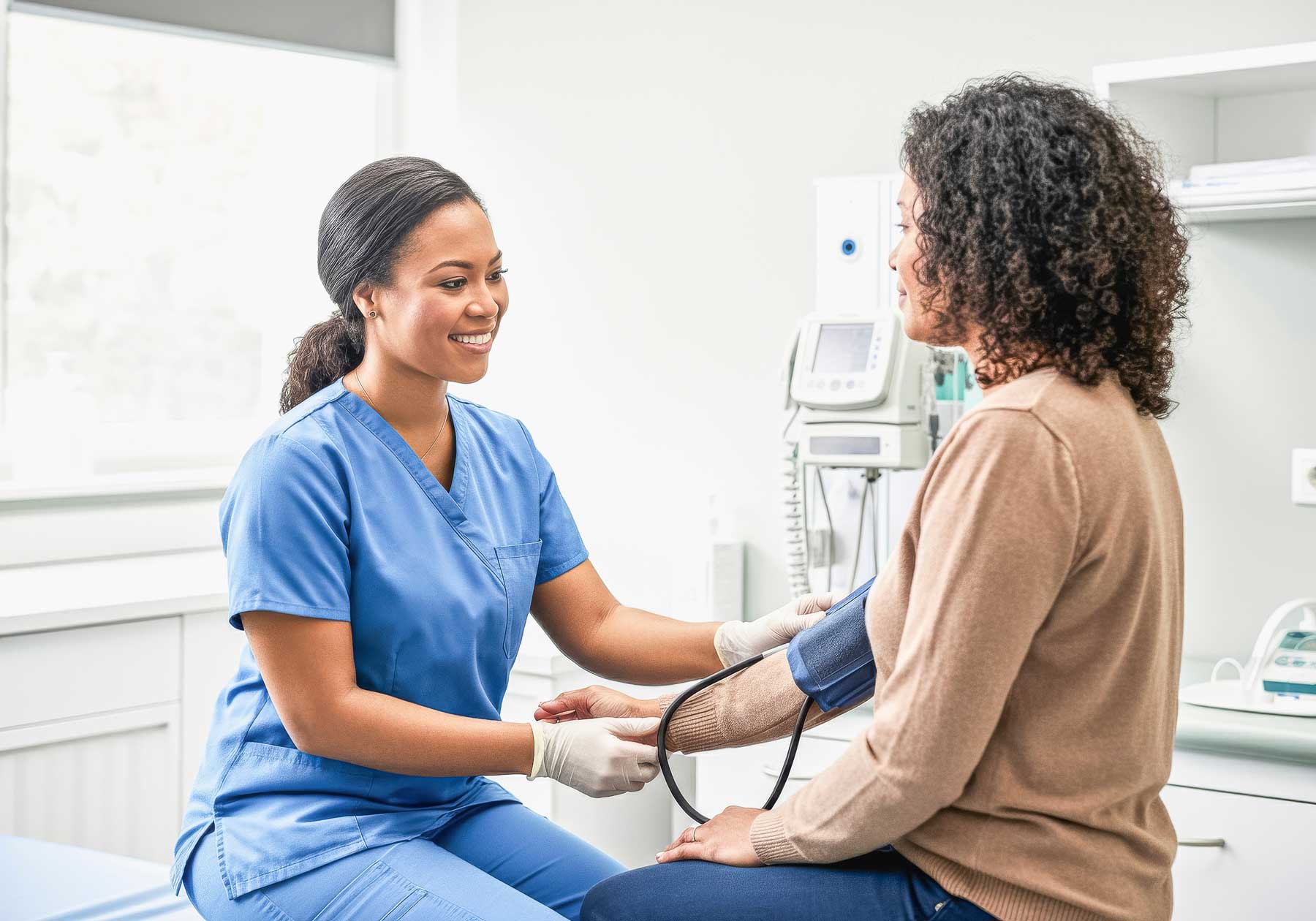 Nurse and womens health patient blood pressure check at an annual exam